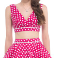 Belle Poque Zwei Stück Ärmellos V-Ausschnitt Deep Pink Polka Dots Retro Vintage Kleid BP000026-1